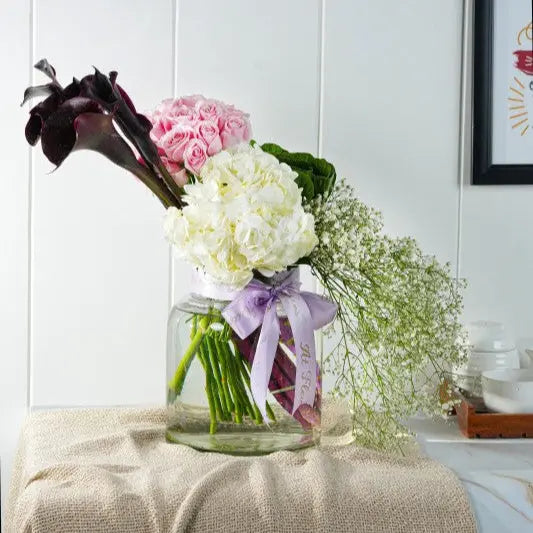 Black Calla lily with Hydrangea Vase Arrangement atfleurs