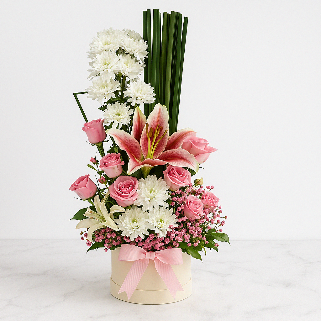 Pink Lily & Rose Flower Box Arrangement