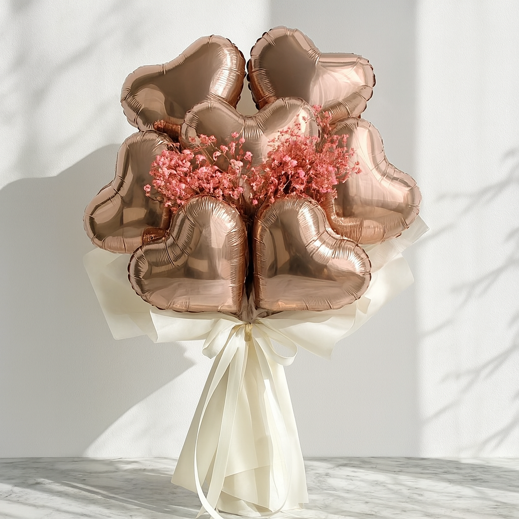 Bouquet of rose gold heart-shaped balloons with pink flowers on a white background. fancy bouquet