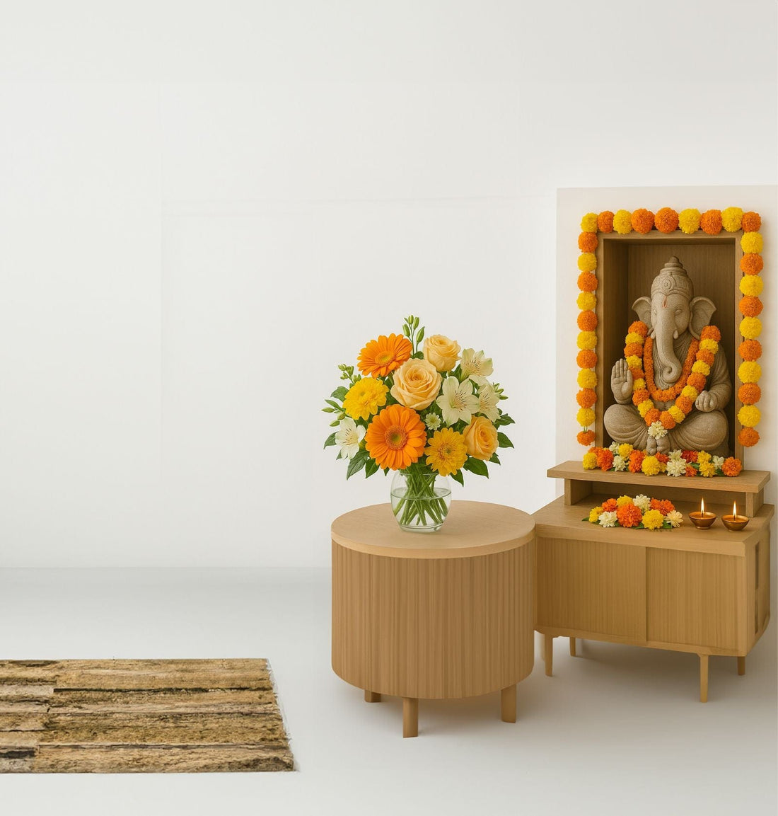 Decorative setup with a wooden altar featuring a statue and flowers, accompanied by a round table with a vase of flowers on a white background.