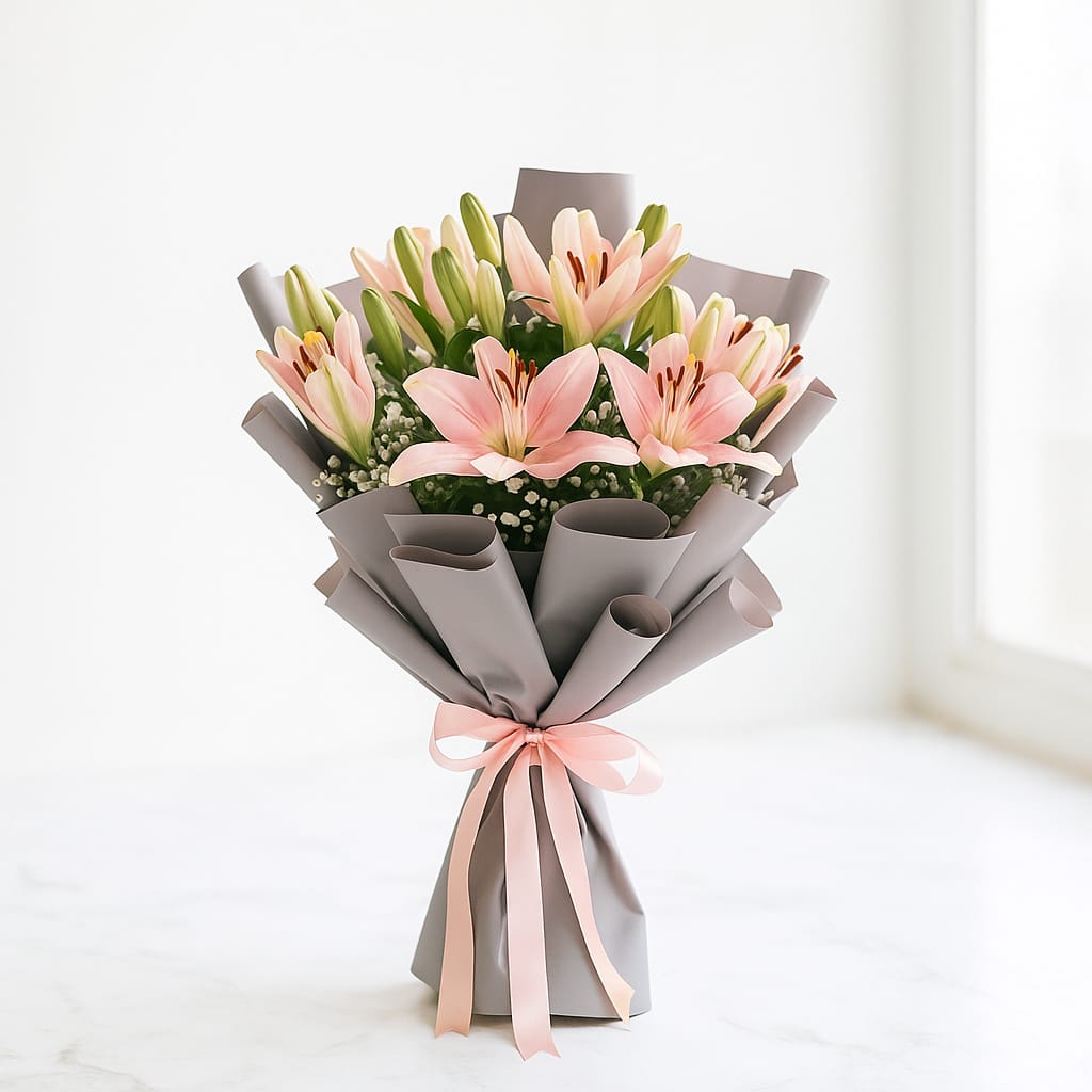 Bouquet of pink and green flowers wrapped in gray paper with a pink ribbon on a white background. Real Flower
