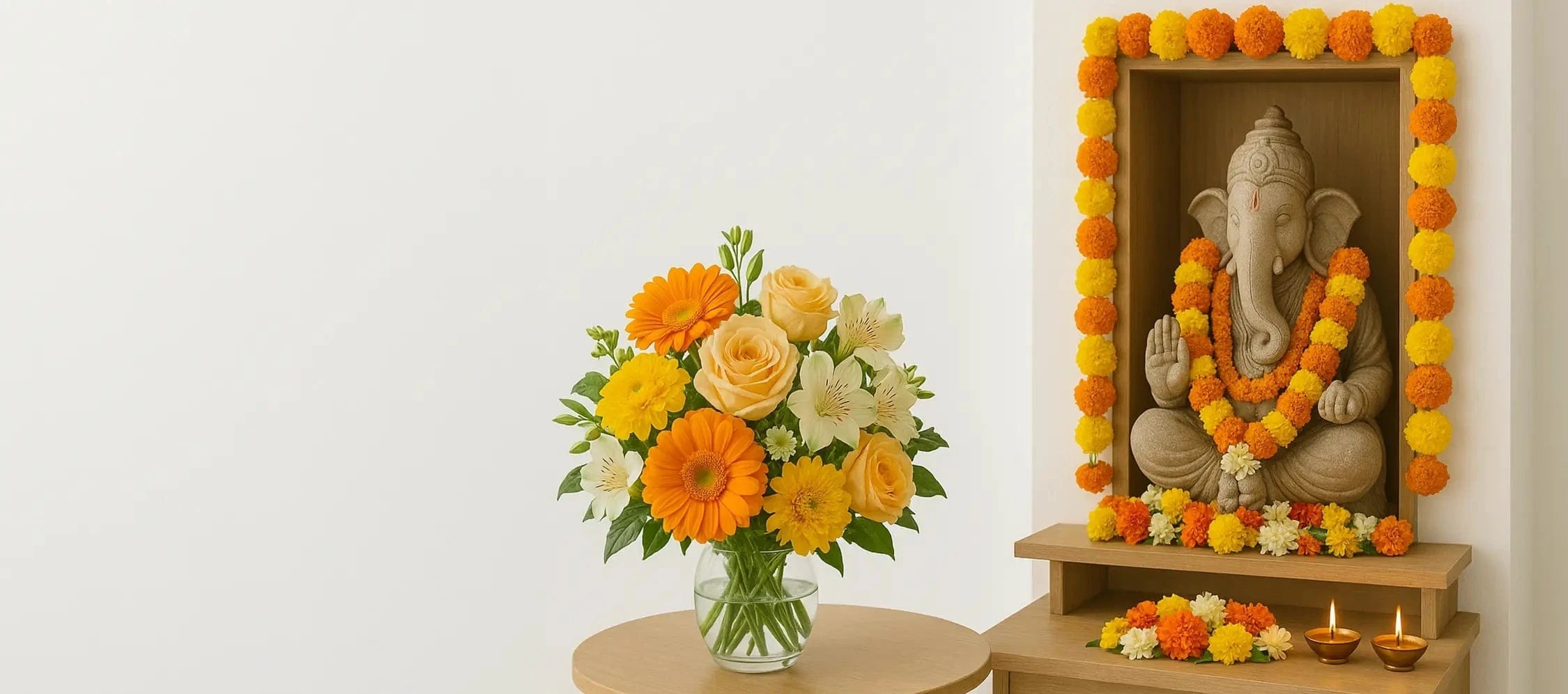 Decorative setup with a statue of Ganesha, flowers, and candles on a white background