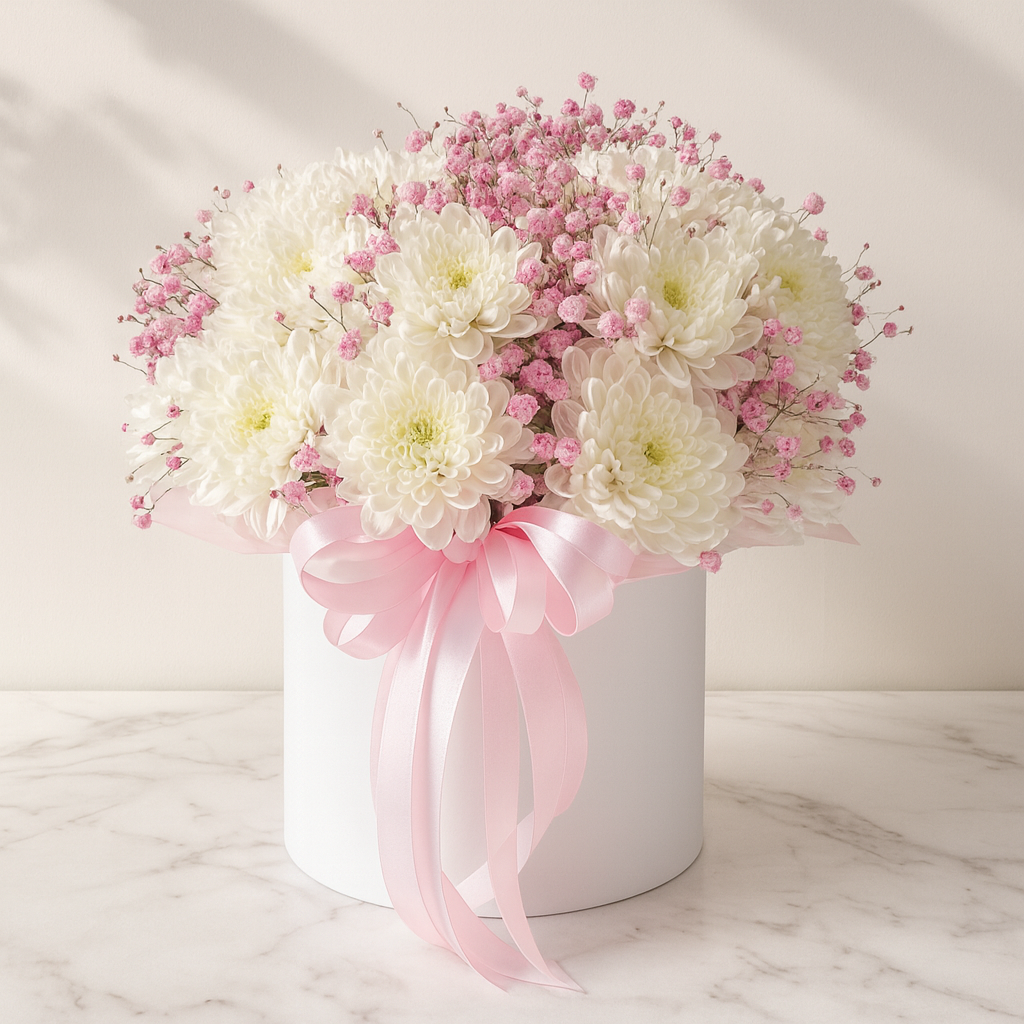 Bouquet of white and pink flowers in a white container with a pink ribbon on a marble surface. real flowers