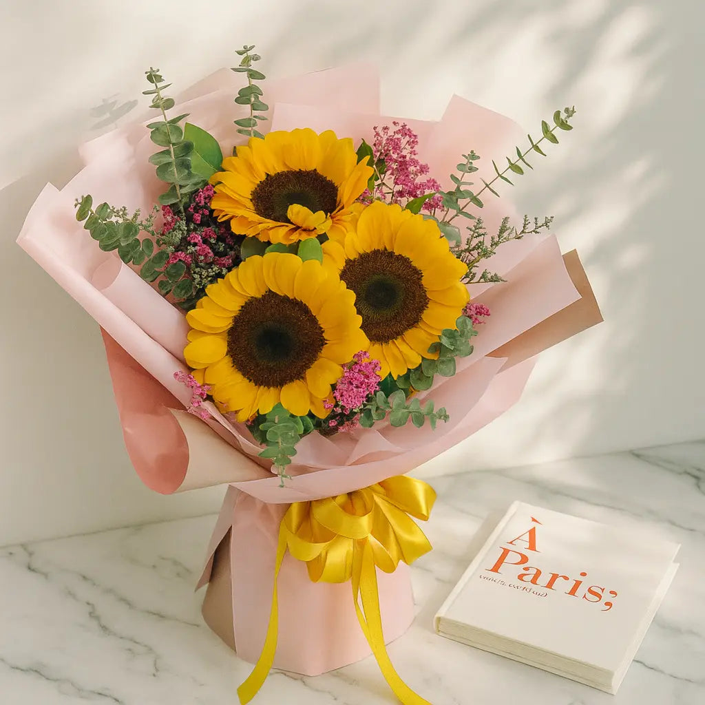 Pink Gypsophila and Eucalyptus in a Sunflower Bouquet