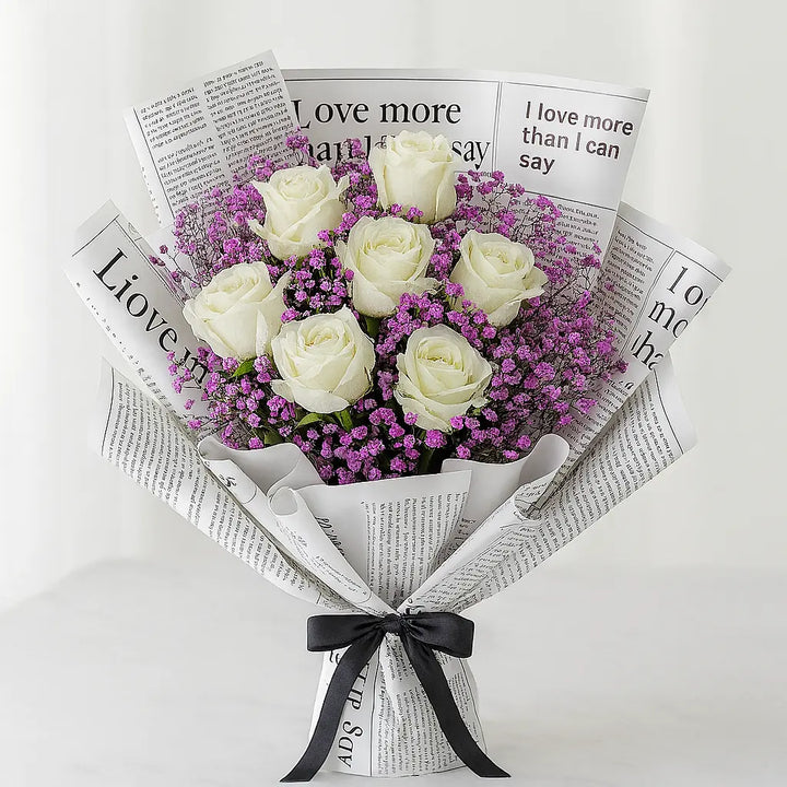 White Roses with Purple Fillers in Love Print Wrap
