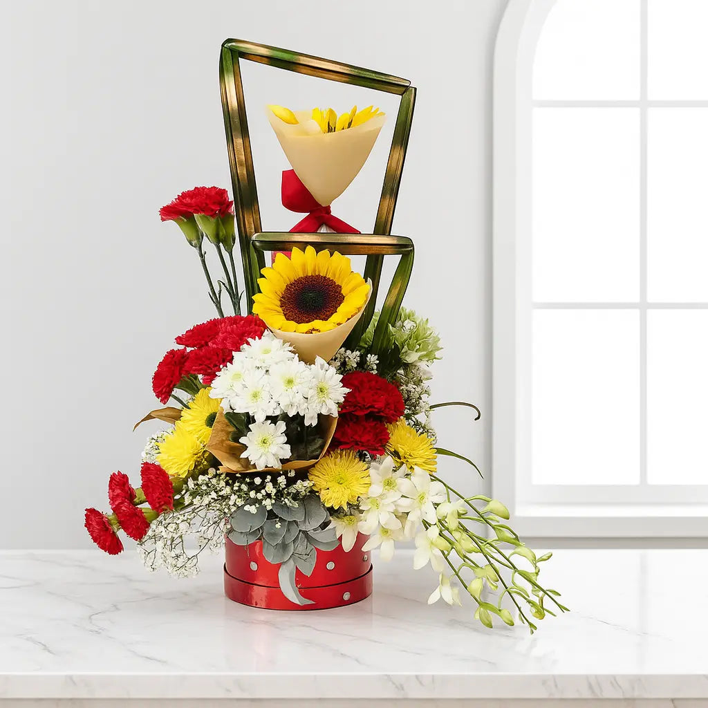 Sunflower and Carnation Flower Box with Rajnigandha