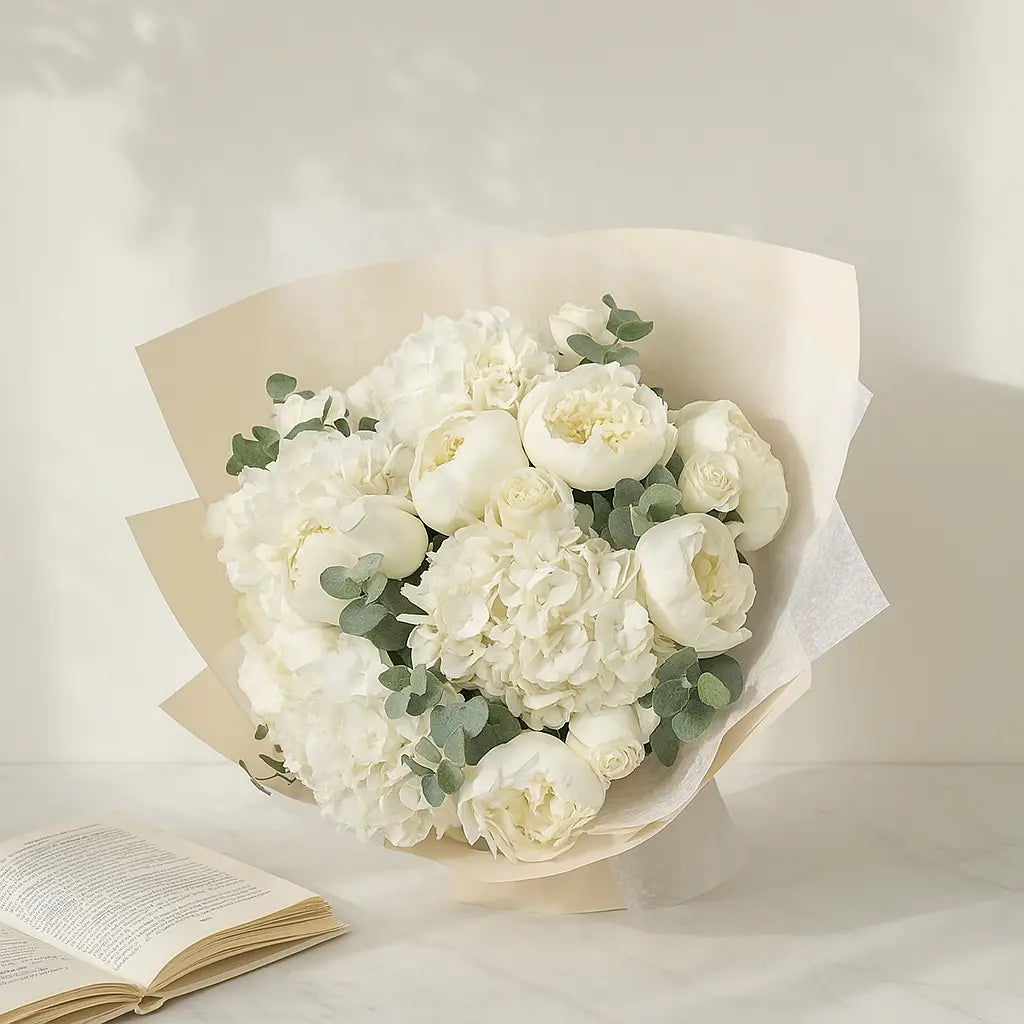 White Peony Hydrangea Bouquet with Eucalyptus Leaves