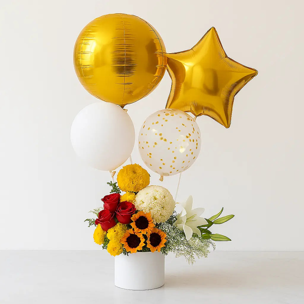 Mixed Flowers with Balloons in a Box