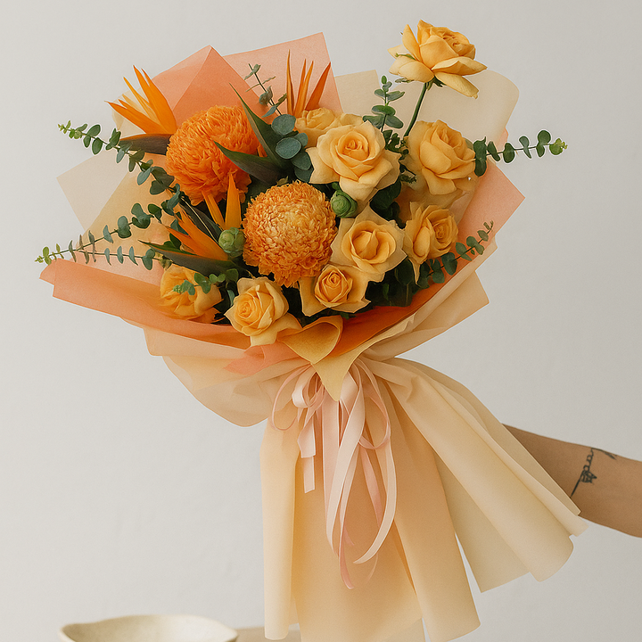 Bird of Paradise & Orange Rose Hand Bouquet