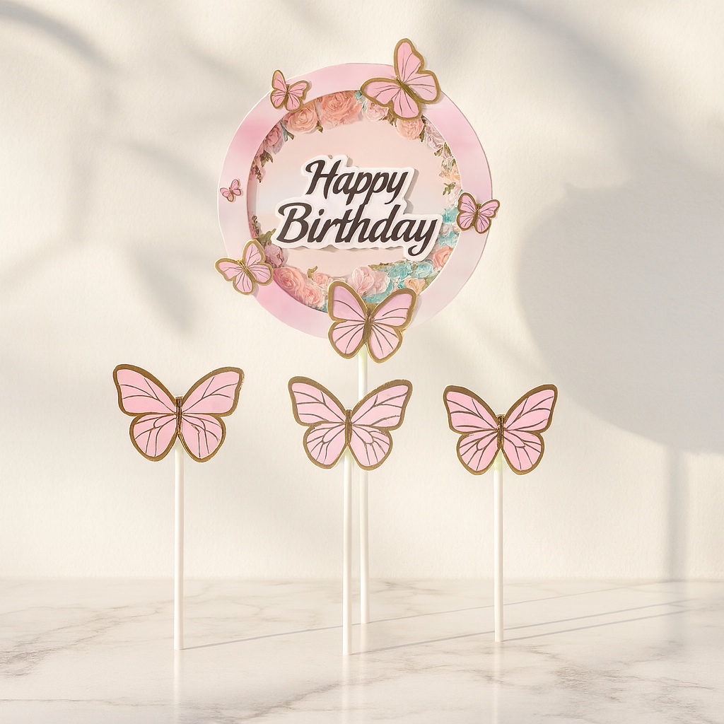 Butterfly-themed 'Happy Birthday' text on a light background. Birthday toppers