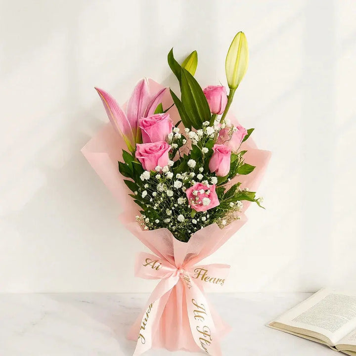 Lilies, roses & Gypsophila Hand Bouquet atfleurs
