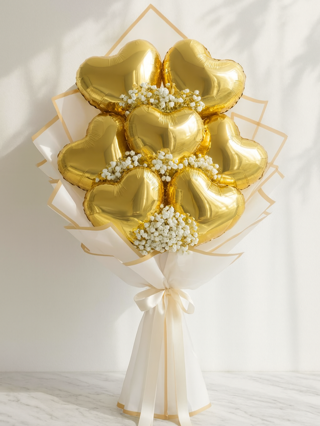 Bouquet of gold heart-shaped balloons with white flowers on a light background. fancy bouquet