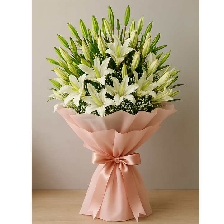 10 White Lily Bouquet with Baby’s Breath