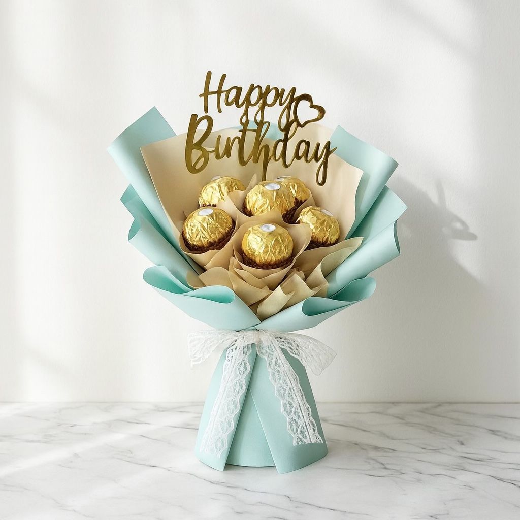 Bouquet of chocolates wrapped in light blue paper with 'Happy Birthday' decoration on a white marble surface.