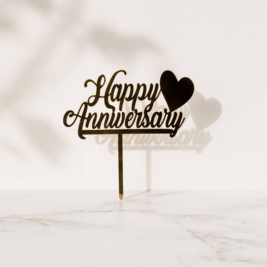 Happy Anniversary cake topper with a heart on a marble surface