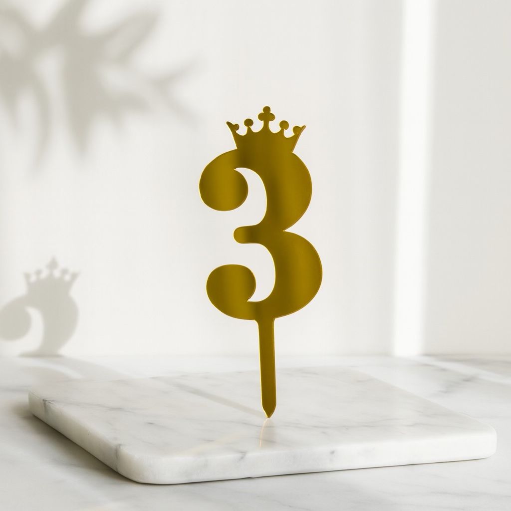 Gold number three cake topper with a crown on a white marble surface