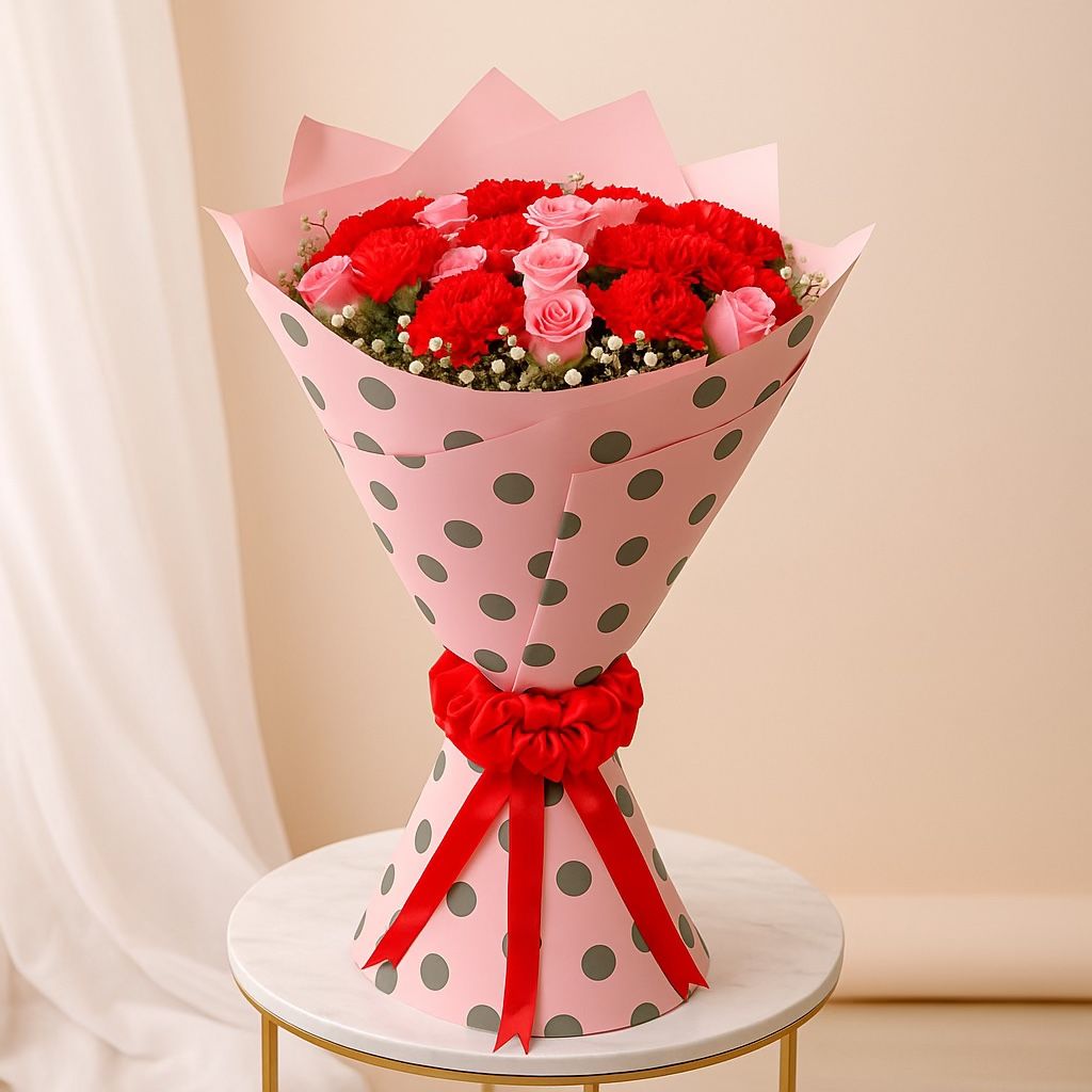 Pink Rose Red Carnation and Gypso Hand Bouquet