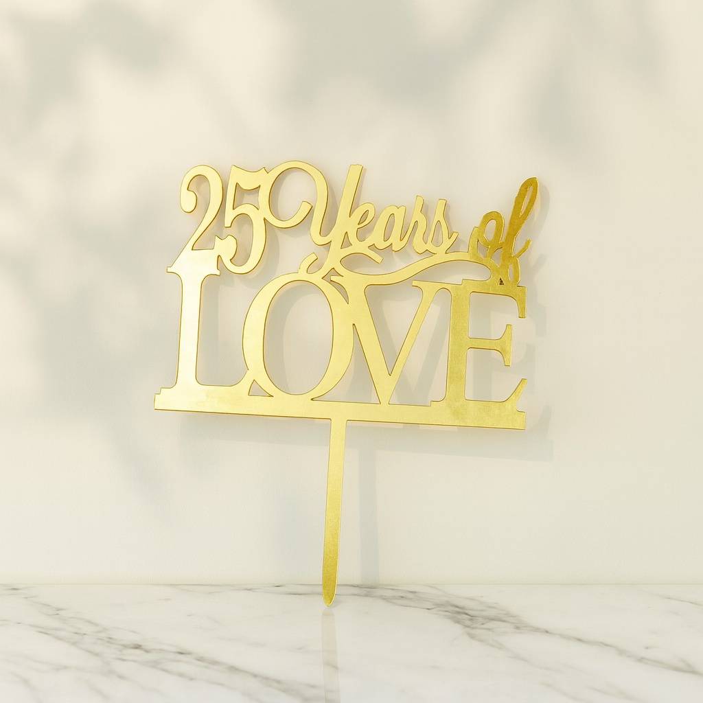 Gold '25 Years of Love' cake topper on a marble surface