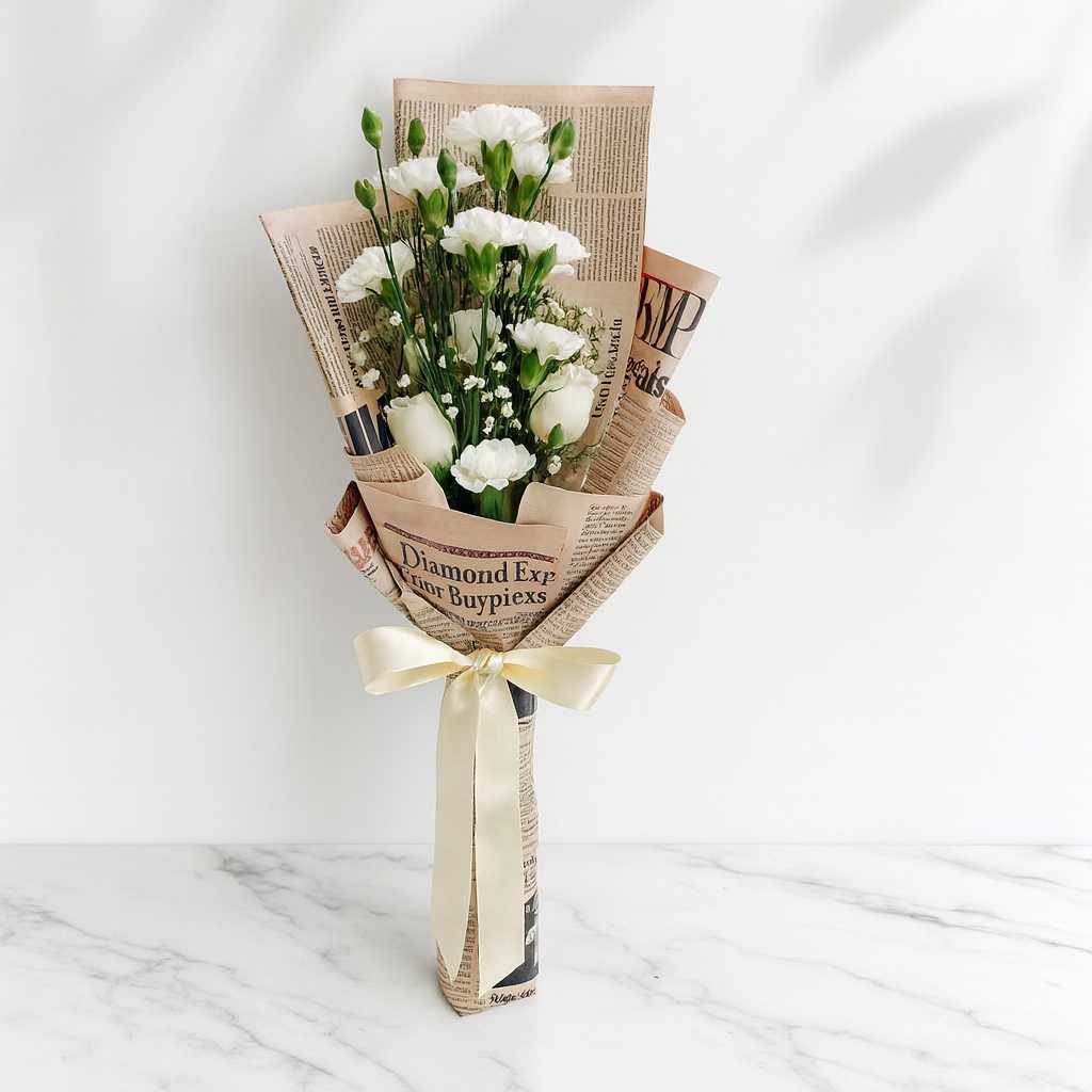Bouquet of flowers wrapped in newspaper with a yellow ribbon on a marble surface