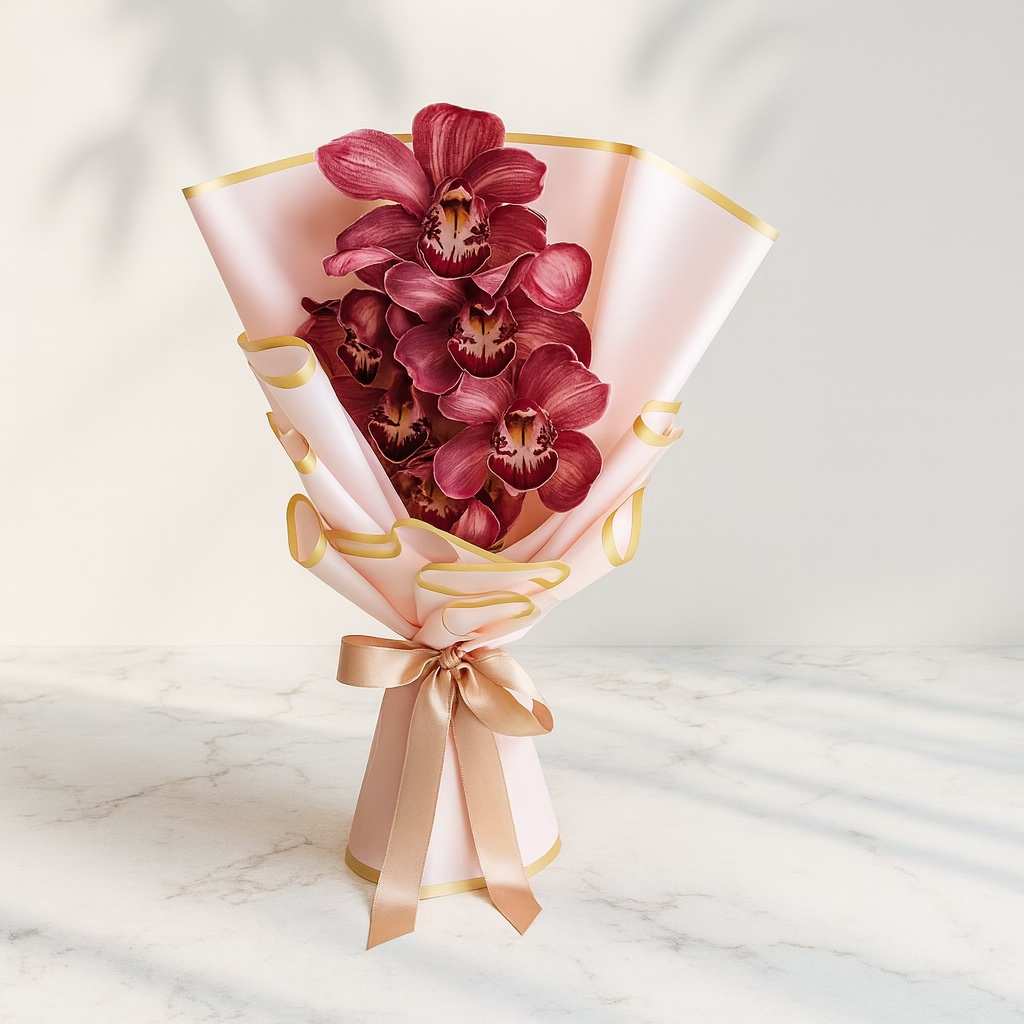 bouquet of red flowers wrapped in pink paper with gold accents on a marble surface. Fresh Flowers