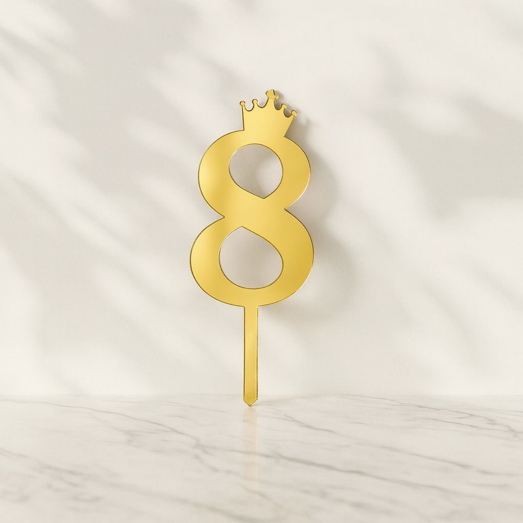 Gold number 8 cake topper with a crown on a light marble background
