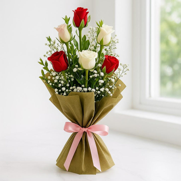 Red White Pink Roses Hand Bouquet