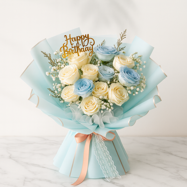 White and Blue Rose Birthday Bouquet with Gypso. birthday bouquets